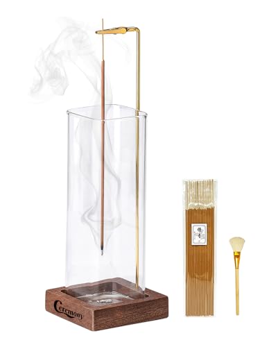 Ceremony Incense Holder, Wooden Incense Holder for Sticks with Glass Ash Catcher, Anti-ash Incense Burner with 20 Incense Sticks and a Ash Brush for Meditation Yoga Spa Room Decor