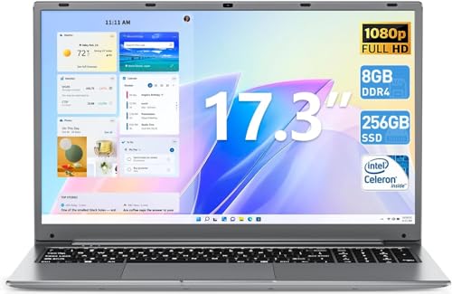 SGIN Laptop, 8GB DDR4 256GB SSD Notebook, 17.3 Inch Laptops Computer with Celeron Processor(up to 2.6 GHz), 8000mAh, Webcam, Mini HDMI, USB3.2 * 2, Dual WiFi, Type-C(Slim)