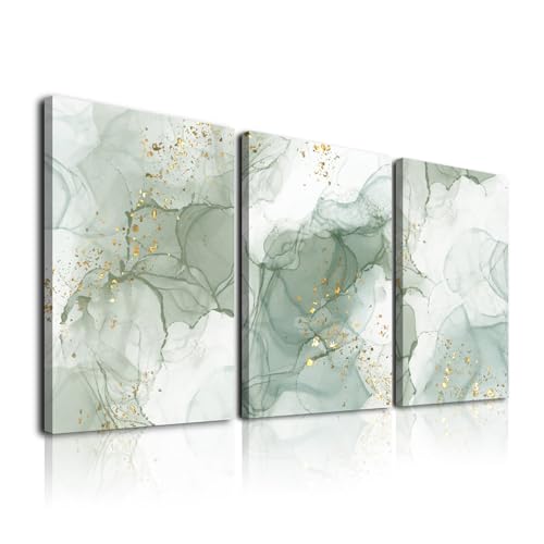 Sage Green Wall Art Set of 3,Abstract Green Wall Decor Living Room,Minimalist Modern Framed Wall Art Marble Line Beige Gold Green Canvas Artwork Paintings,Green Boho Room Decor,Bedroom Bathroom Office Wall Decoration,12'x16'