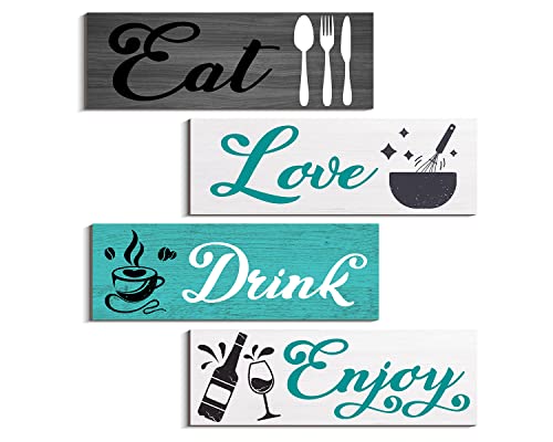 COLOR VALLEY ART - Turquoise Kitchen Decor Accessories, Teal Wall Art with Grey, Eat Drink Love Wooden Signs for Dining Room (Fresh Color)