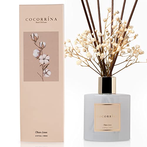 Cocorrína Reed Diffuser Set, 6.7 oz Clean Linen Scented Diffuser with Sticks Home Fragrance Reed Diffuser for Bathroom Shelf Decor