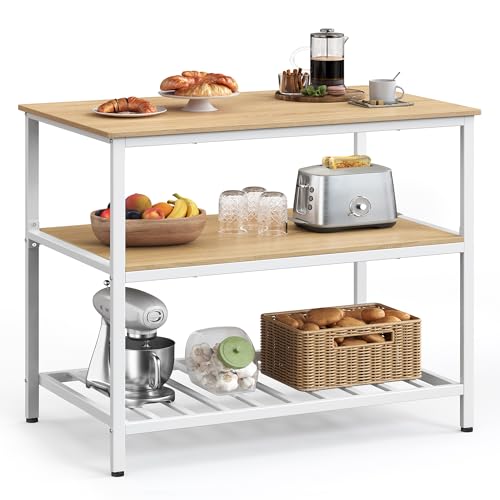 VASAGLE Kitchen Island with 3 Shelves, 39.4 Inches Width Kitchen Shelf with Large Worktop, Stable Steel Structure, Industrial, Easy to Assemble, Oak Color and White UKKI005W09