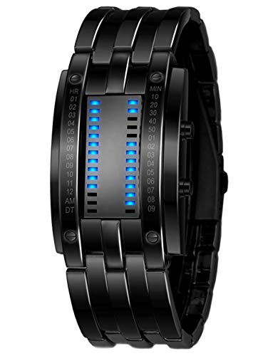 Mens Binary Watches for Men Matrix Dial Cool Watches Outdoor Sport Casual Black Bracelet Square Blue LED Watches Stainless Steel Mens Watches