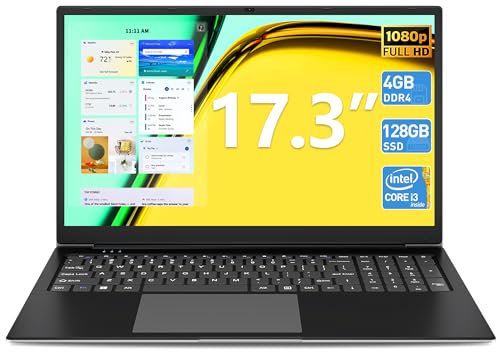 SGIN 17.3 inch Laptop, Laptops Computer with 4GB DDR3 128GB SSD, Core I3-5005U CPU(Up to 2.4GHz), FHD IPS 1920x1200 Display, 60800mWh Battery, Type-C, BT5.0, 5G WiFi, USB3.2, Type_C, Webcam