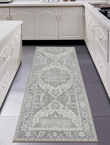 MaxRugrs Washable Runner Rug 2x6 Stain Resistant Kitchen Rug Runners for Hallways Non Slip Throw Rugs for Entryway,Bedroom,Laundry Room Grey Vintage Floor Carpet Runner- Soft Thin Mat for Family Pet