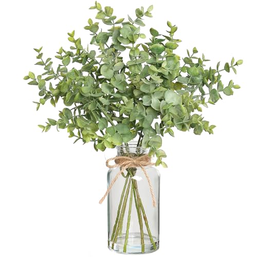 Zheart Fake Eucalyptus Stems in Glass Vase with Faux Water,14' Artificial Plants Eucalyptus Leaves for Shelf Desk Bathroom Farmhouse Room Coffee Table Home Decor (Sage Green)