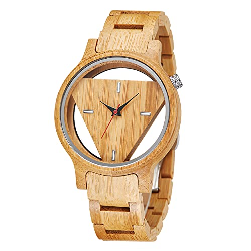 Triangle Wood Watch for Men Creative Hollow Dial Full Wooden Quartz Watch Vintage Natural Mens Unique Inverted Geometric Wood Wrist Watch