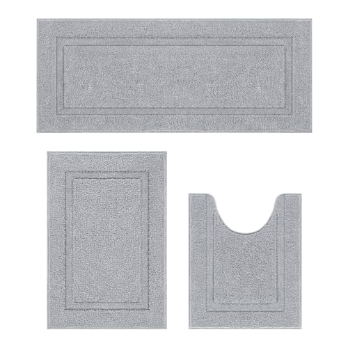 SHACOS Bathroom Runner Rugs Set of 3 Ultra Soft Bath Mat with U Shaped Toilet Rug Absorbent Non Slip Microfiber Bath Rugs for Bathroom Kitchen Bedroom, Light Gray