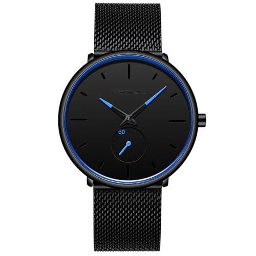 Mens Watches Ultra-Thin Minimalist Waterproof-Fashion Wrist Watch for Men Unisex Dress with Stainless Steel Mesh Band-Blue Hands (New)