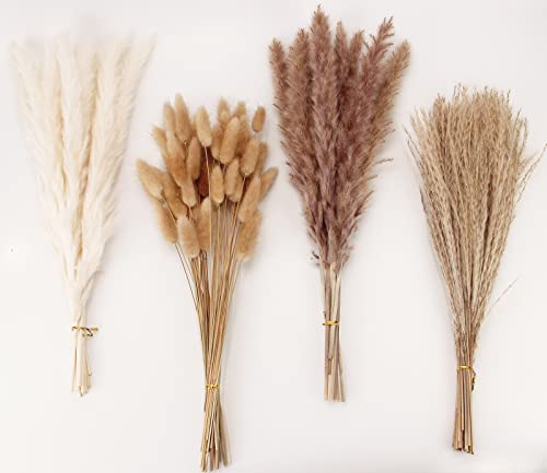 17' Dried Pampas Grass Decor, 100 PCS Pampas Grass Contains Bunny Tails Dried Flowers, Reed Grass Bouquet for Wedding Boho Flowers Home Table Decor, Rustic Farmhouse Party (White and Brown)