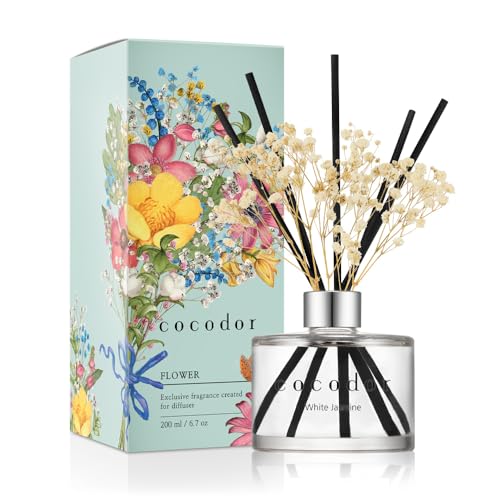 COCODOR Flower Reed Diffuser Set / 6.7oz / White Jasmine/Scent Diffuser with Sticks Home Fragrance Reed Diffuser for Bathroom Shelf Decor