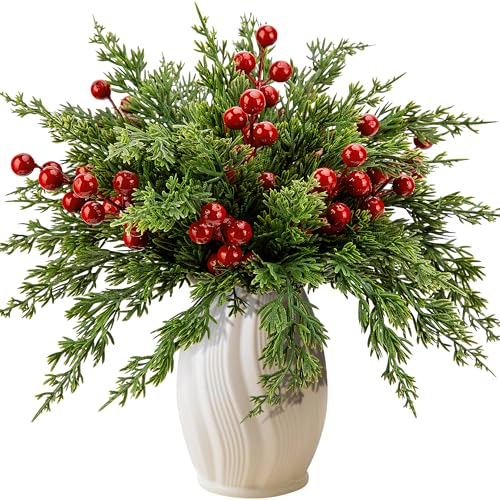 Watayo 45 Pcs Christmas Artificial Pine Branches with Red Berry Stems- 10.5' Faux Evergreen Norfolk Pine Cypress Leaves Stems- Fake Foliage Pine Needles Picks for DIY Craft Garland Home Decor