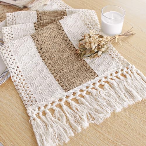 FEXIA Boho Table Runner for Home Decor with Tassels 72 Inches Long Farmhouse Rustic Table Runner Cream & Brown Macrame Burlap Fall Table Decoration for Living Room Bridal Shower (12x72 Inches)