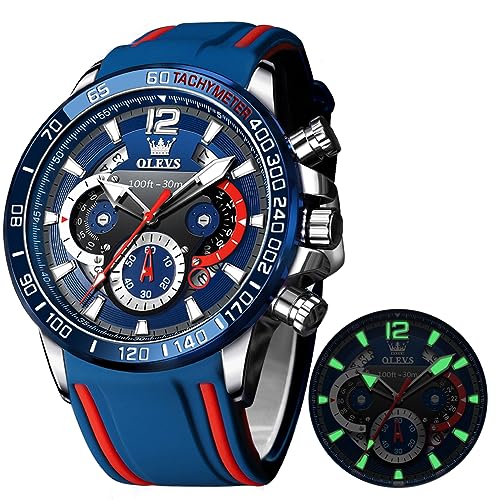OLEVS Blue Mens Watches Military Sport Waterproof Big Face Chronograph Watch Luminous Silicon Strap Casual Watches for Men Fashion Reloj para Hombre Business Wrist Watch