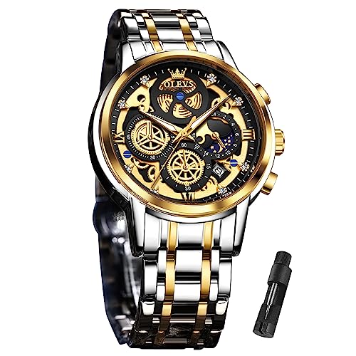 OLEVS Watch for Men Black Gold Two Tone Stainless Steel Watches for Men Analog Quartz Skeleton Waterproof Mens Watches Classic Luxury Business Men's Wrist Watches, Date Big Large Face Watches for Men