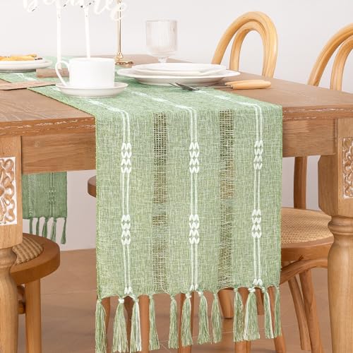 Socomi Farmhouse Table Runner 48 inches Macrame Woven Coffee Table Runner Cotton Rustic Fall ThanksgivingTable Runner with Tassels for Boho Home Decor Dining Living Room 13x48 inches Sage Green