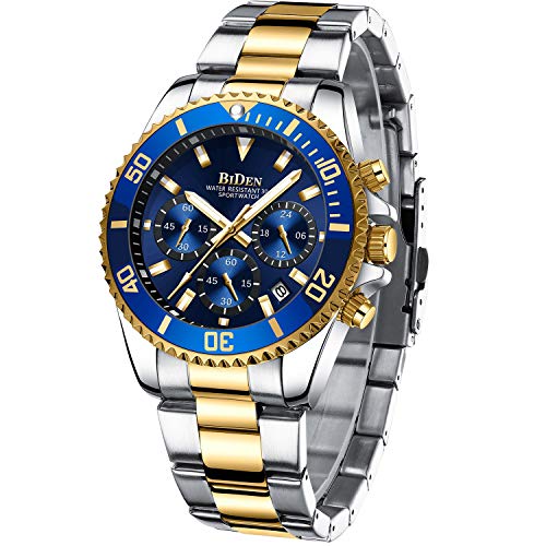 BIDEN Mens Watches Chronograph Gold Blue Stainless Steel Waterproof Date Analog Quartz Watch Business Casual Fashion Wrist Watches for Men