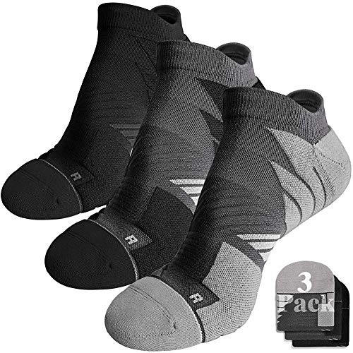 Hylaea No Show Running Socks Men, Moisture Wicking Athletic Tab Socks, No Blister, Coolmax Cushion Padded, ideal for Sports, Golf, Runner, Gym, Workout, Tennis, Low Cut, Gray Black Large, 3 Pairs