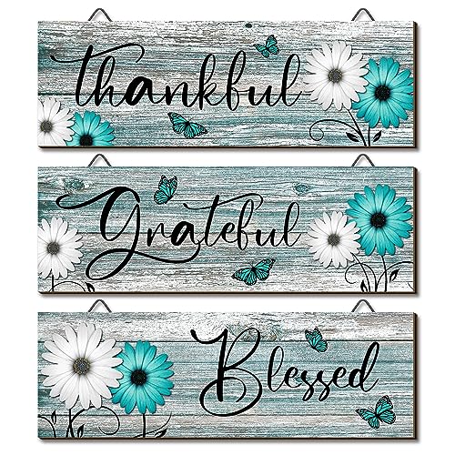 Geetery 3 Pcs Thankful Grateful Blessed Wooden Signs Rustic Daisy Wood Wall Decor Inspirational Wall Art Signs Rustic Wooden Hanging Decorations for Bedroom Kitchen Living Room Bathroom Home (Teal)